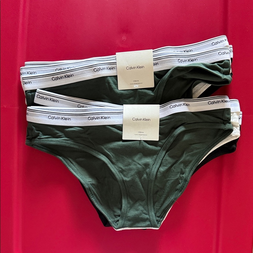Calvin Klein Green Bikini Panties with Logo Waistband.Two packs of3 Both for $35